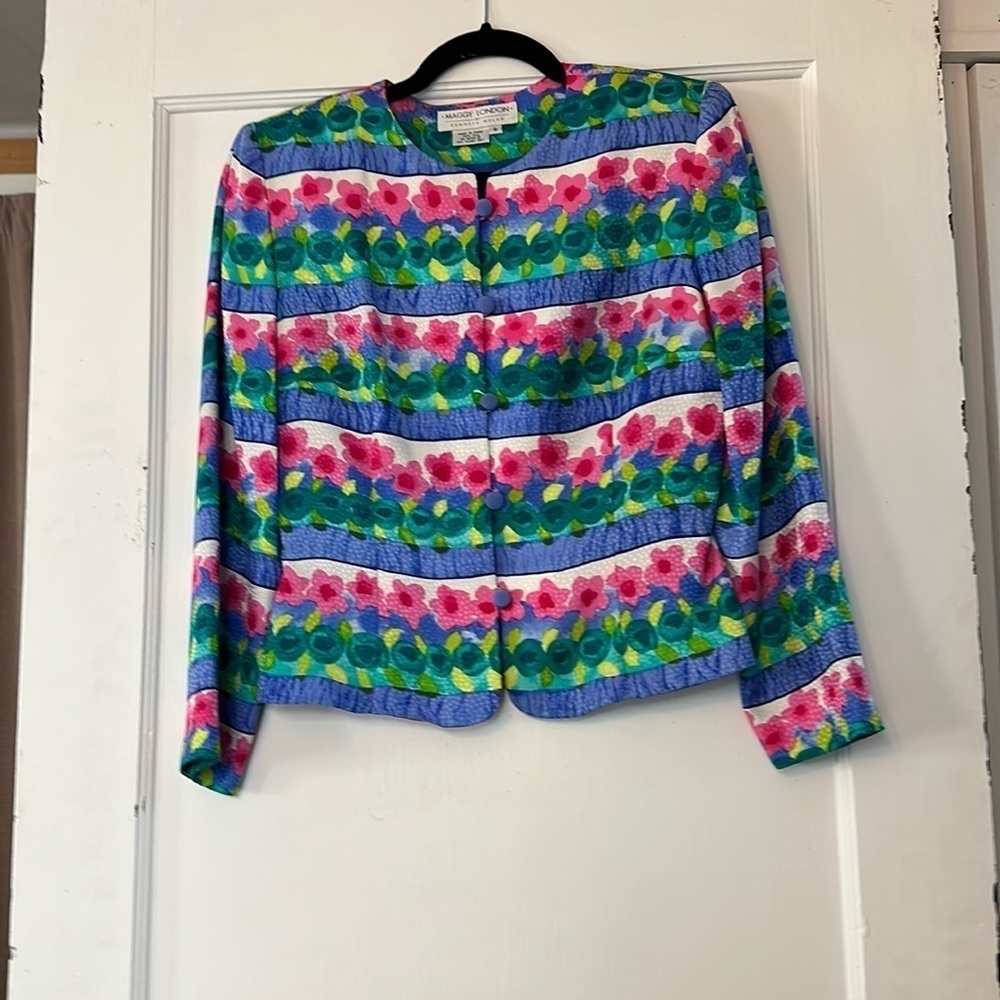Vintage 80s Maggy London 100% Silk Floral Cropped Jacket Blazer Size 6